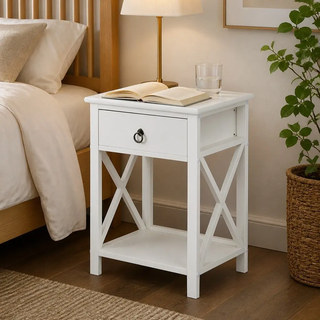 Bedside Table with Drawers Nightstand Side Table Modern Storage Wooden White
