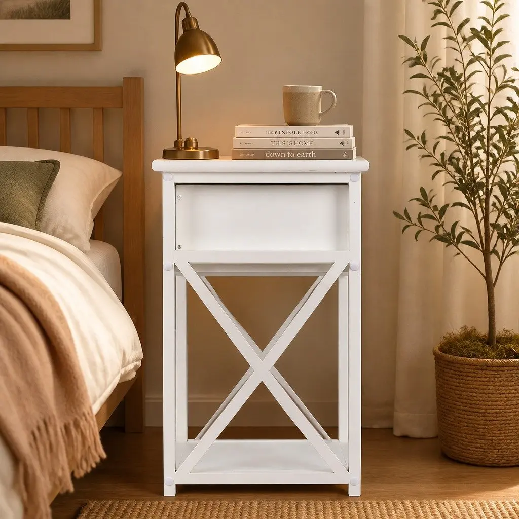Bedside Table with Drawers Nightstand Side Table Modern Storage Wooden White