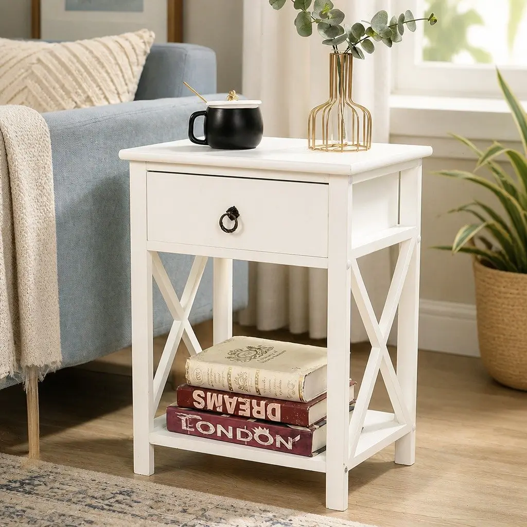 Bedside Table with Drawers Nightstand Side Table Modern Storage Wooden White