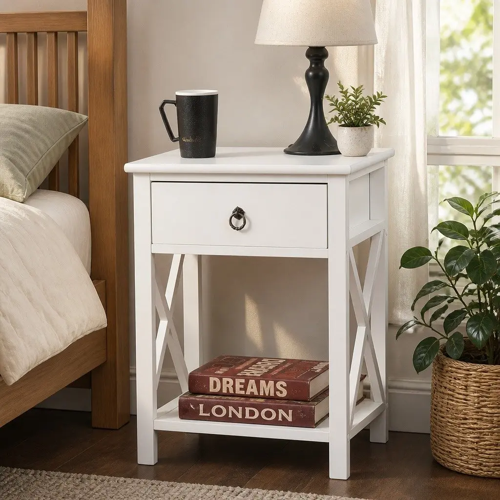 Bedside Table with Drawers Nightstand Side Table Modern Storage Wooden White