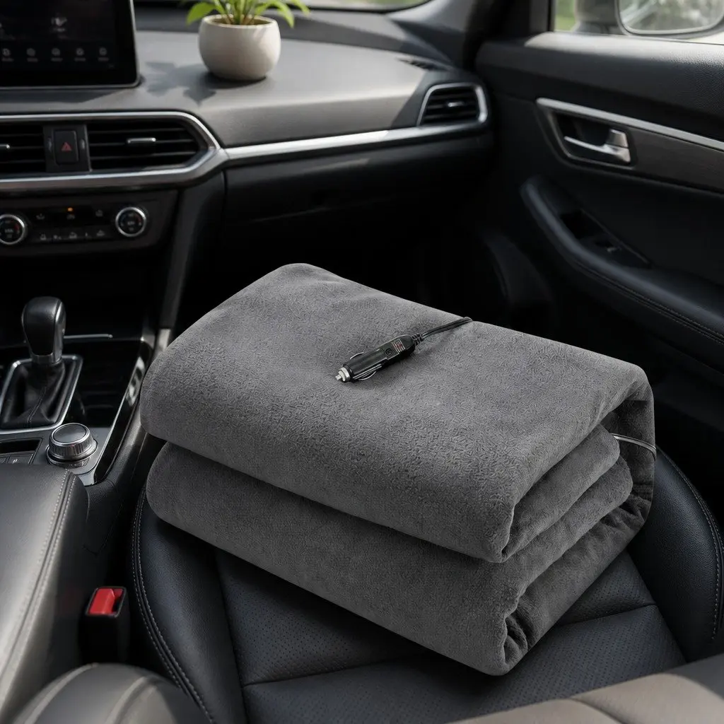 Electric Car Blanket 12V DC Heated Rug Ultra-soft Polyester Fleece 150cm x 110cm Grey