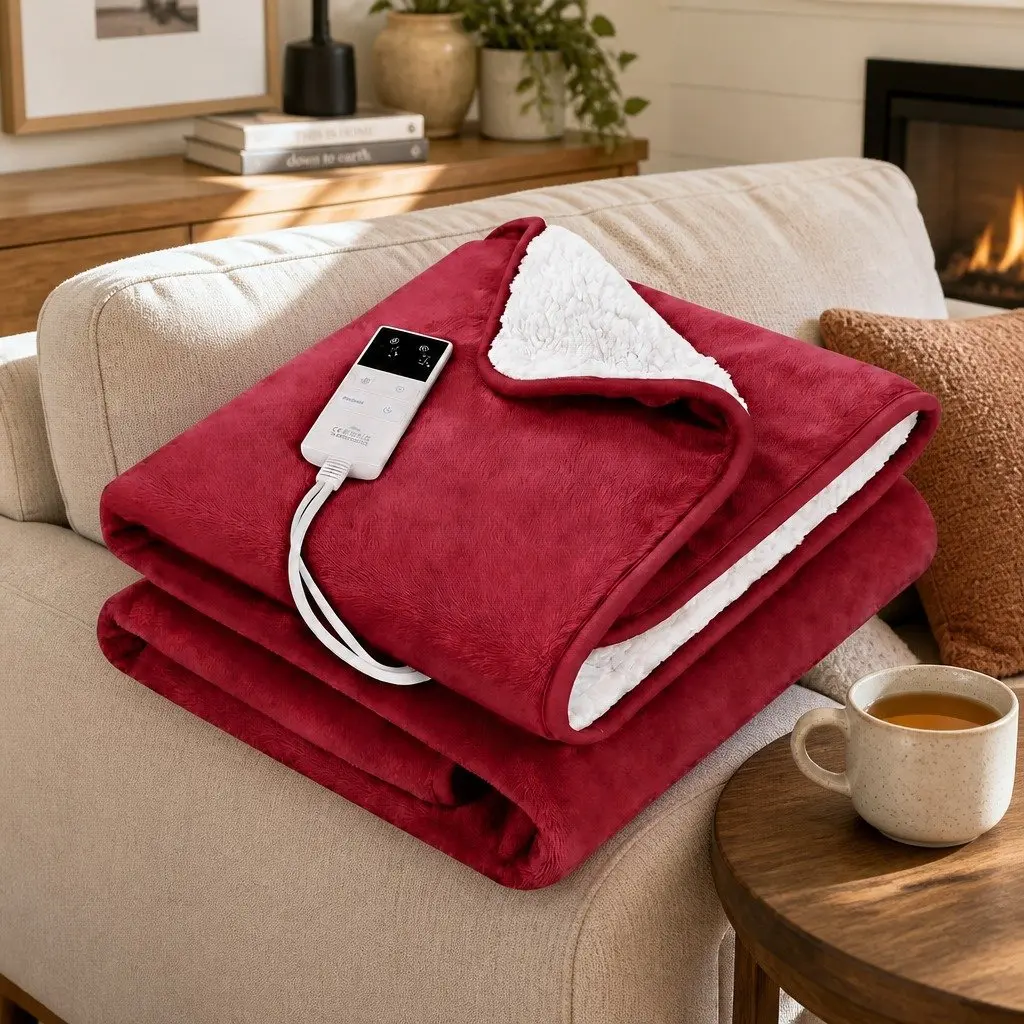 Electric Throw Rug Burgundy Flannel Sherpa Double-Sided 160cm x 130cm