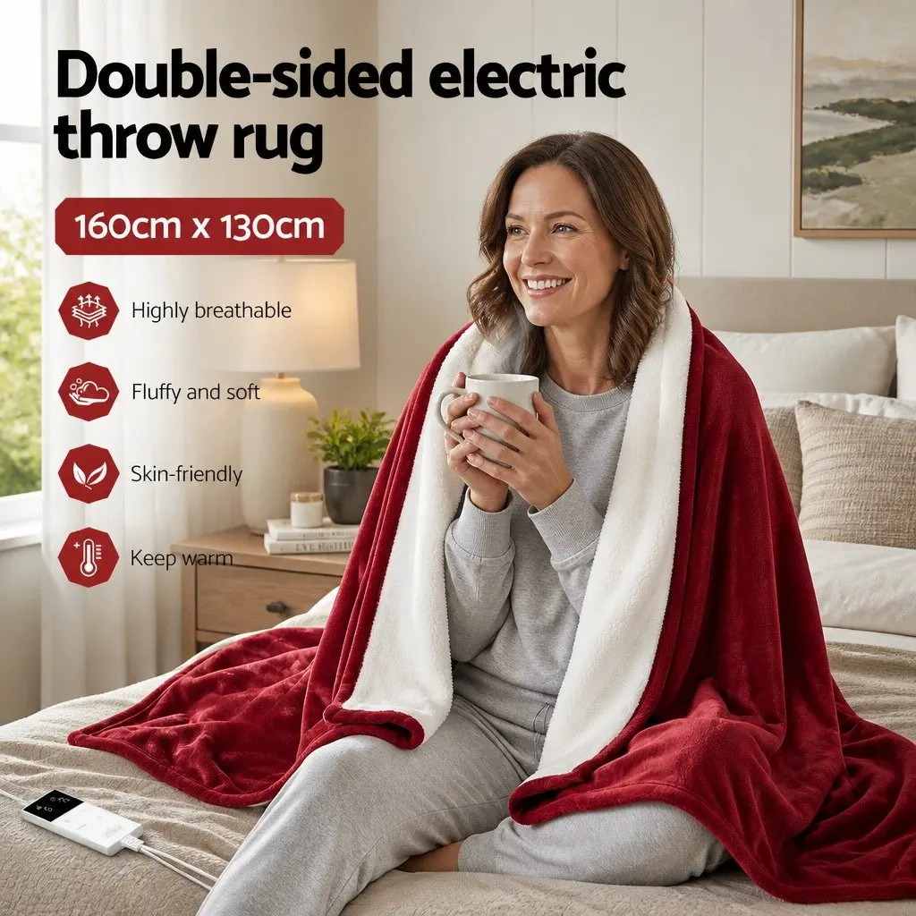 Electric Throw Rug Burgundy Flannel Sherpa Double-Sided 160cm x 130cm