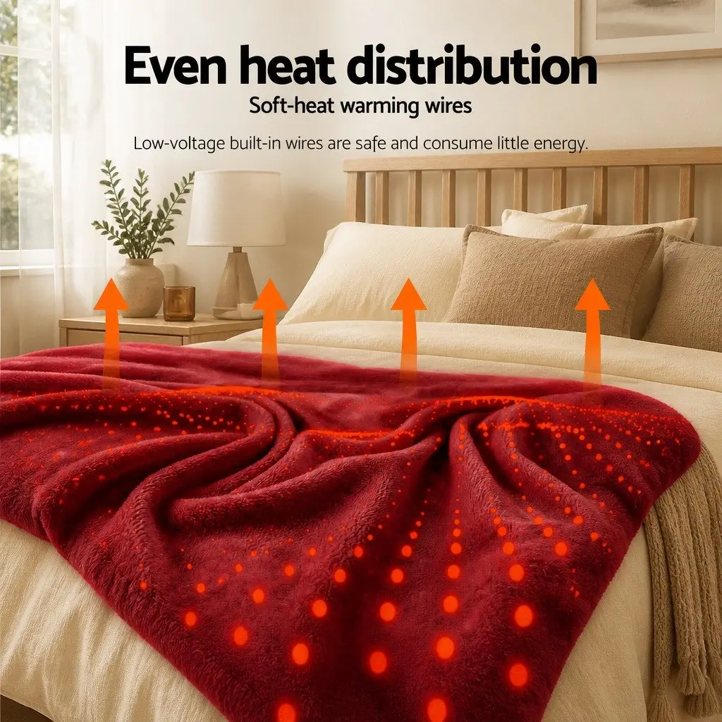 Electric Throw Rug Burgundy Flannel Sherpa Double-Sided 160cm x 130cm