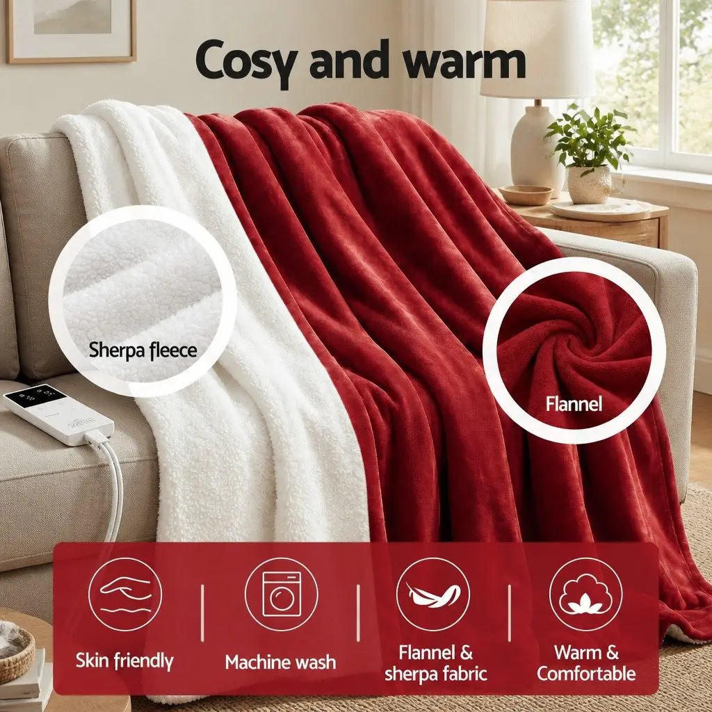Electric Throw Rug Burgundy Flannel Sherpa Double-Sided 160cm x 130cm