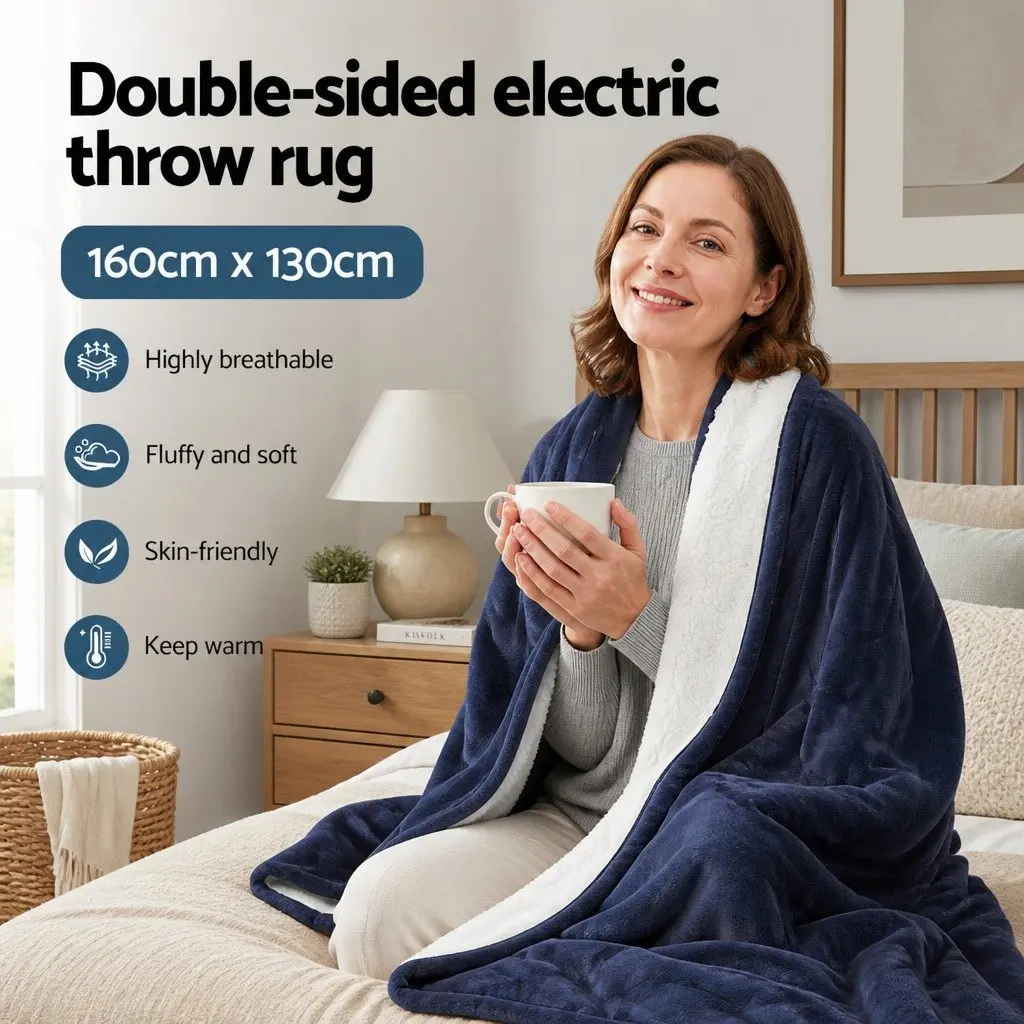 Electric Throw Rug Heated Blanket Fleece Charcoal Double-Sided 160x130cm