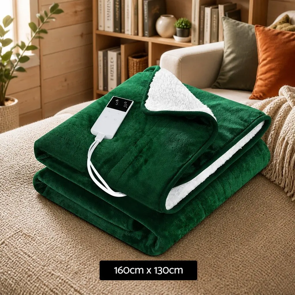 Electric Heated Blanket Flannel Sherpa Double Sided Green 160cm x 130cm