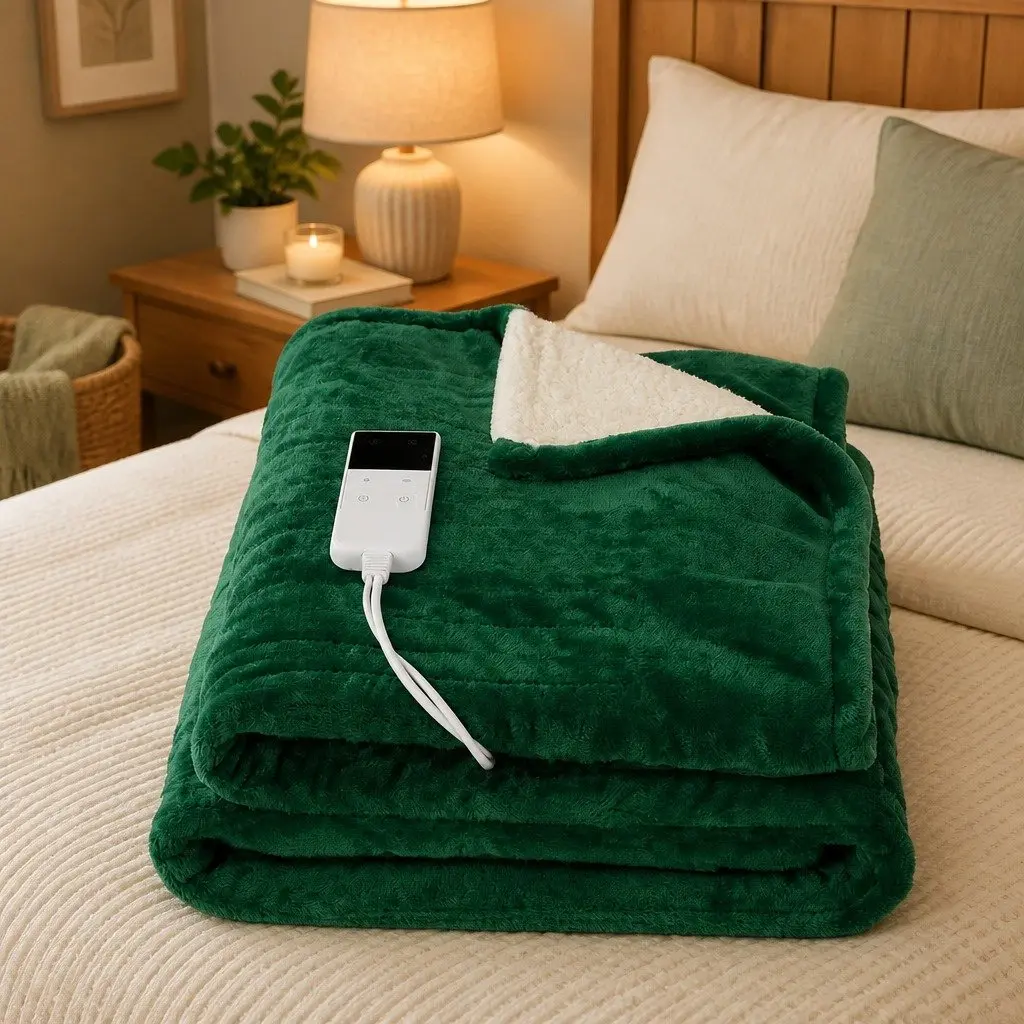 Electric Heated Blanket Flannel Sherpa Double Sided Green 160cm x 130cm