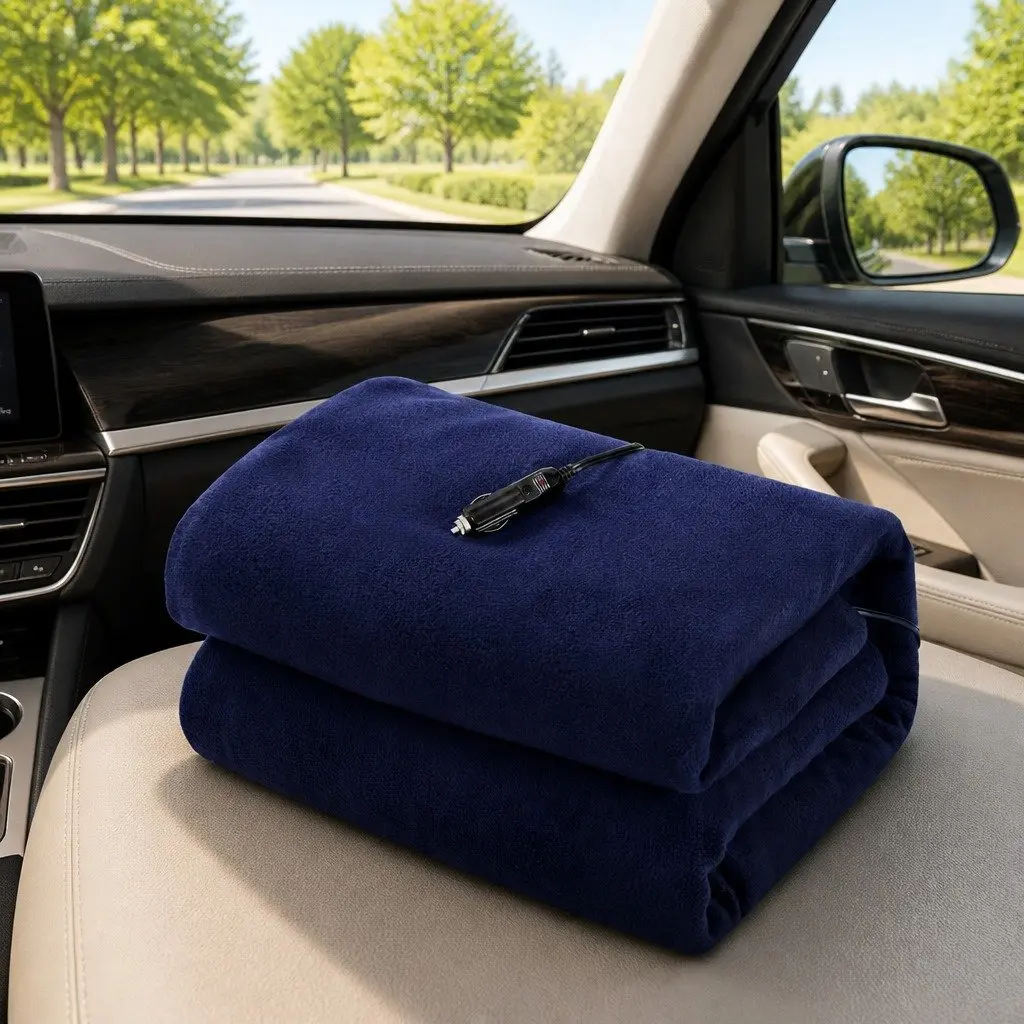 Electric Heated Blanket 12V DC Ultra-soft Polyester Fleece 150cm x 110cm Navy Blue