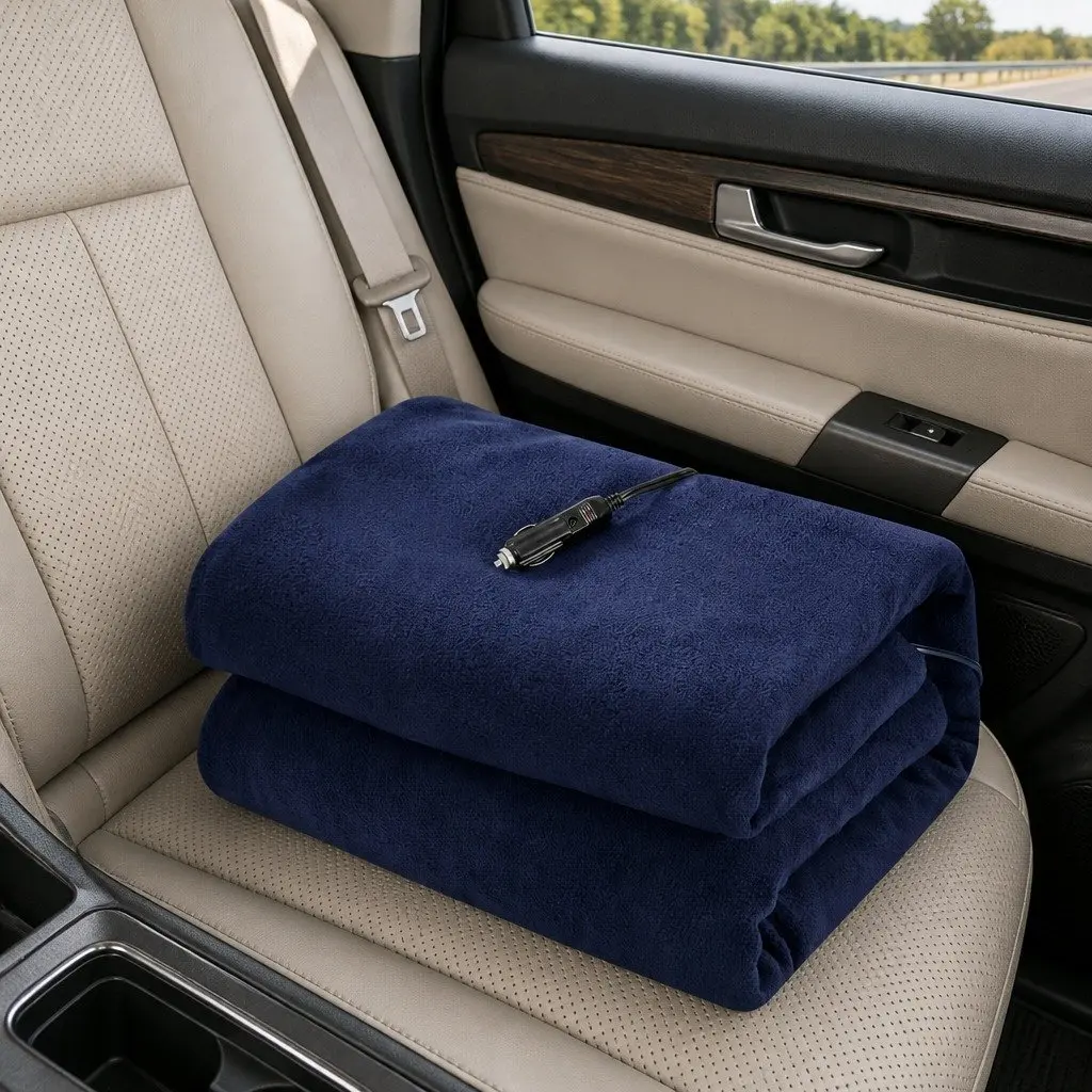 Electric Heated Blanket 12V DC Ultra-soft Polyester Fleece 150cm x 110cm Navy Blue