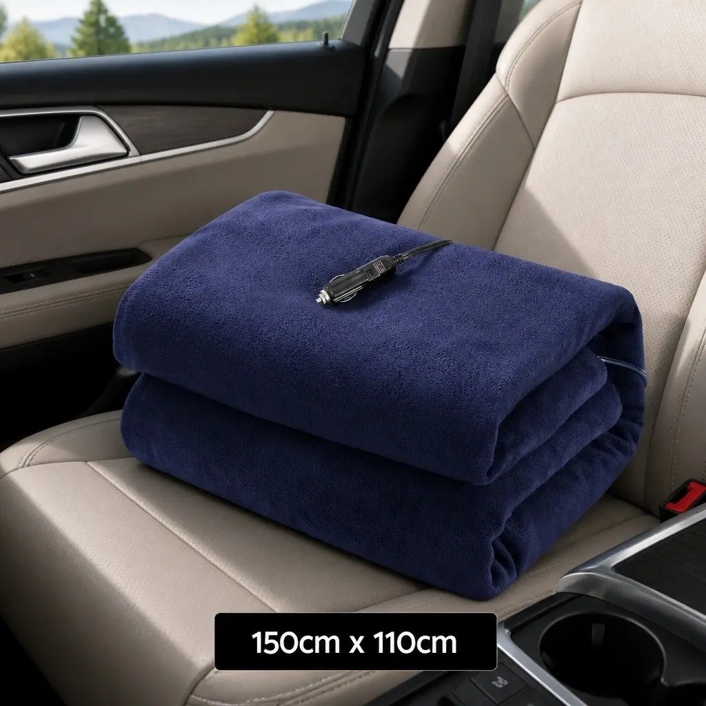 Electric Heated Blanket 12V DC Ultra-soft Polyester Fleece 150cm x 110cm Navy Blue