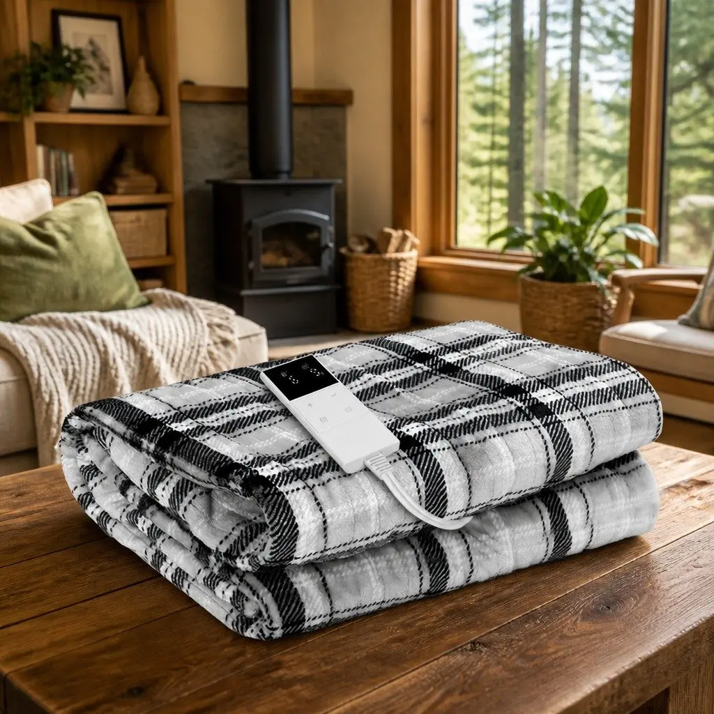 Electric Throw Blanket Heated Flannel Snuggle Rug Sofa Bed Washable Grey White