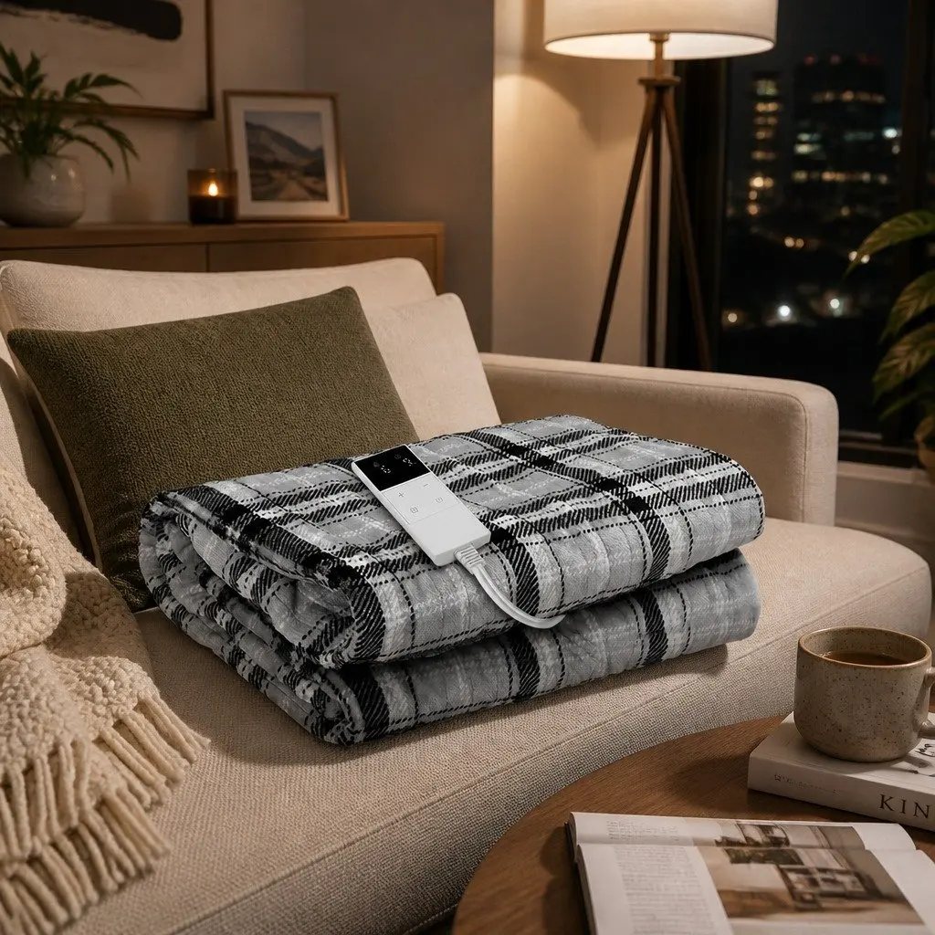 Electric Throw Blanket Heated Flannel Snuggle Rug Sofa Bed Washable Grey White