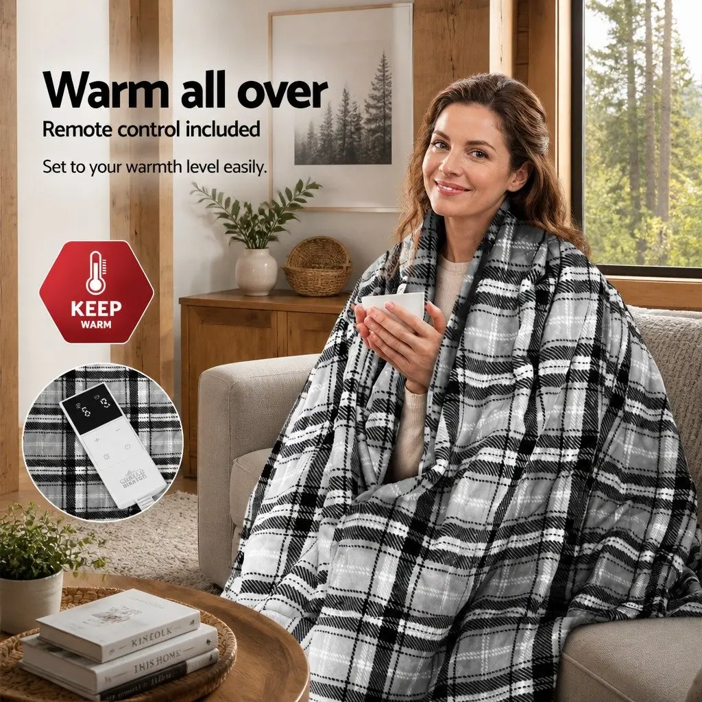 Electric Throw Blanket Heated Flannel Snuggle Rug Sofa Bed Washable Grey White