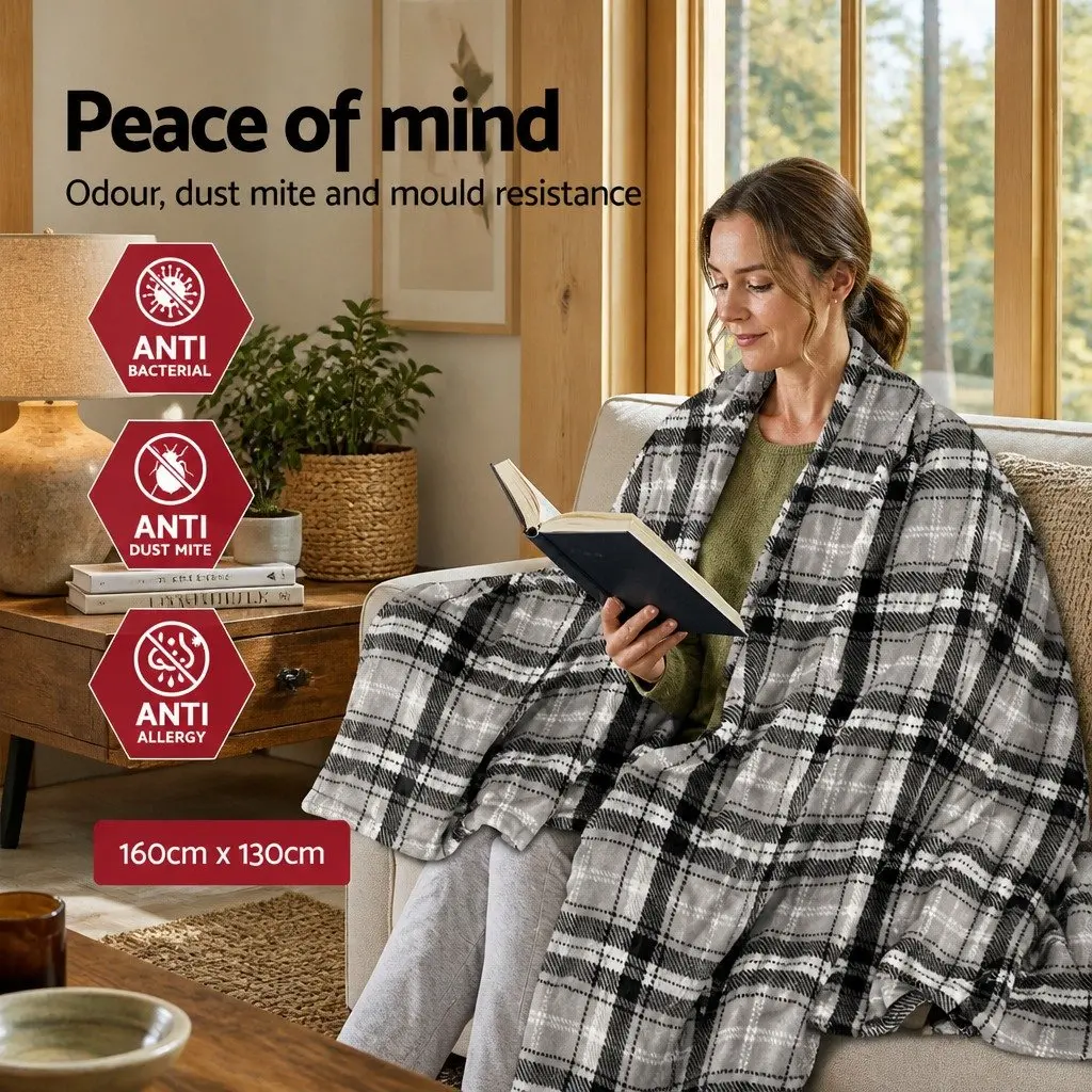 Electric Throw Blanket Heated Flannel Snuggle Rug Sofa Bed Washable Grey White