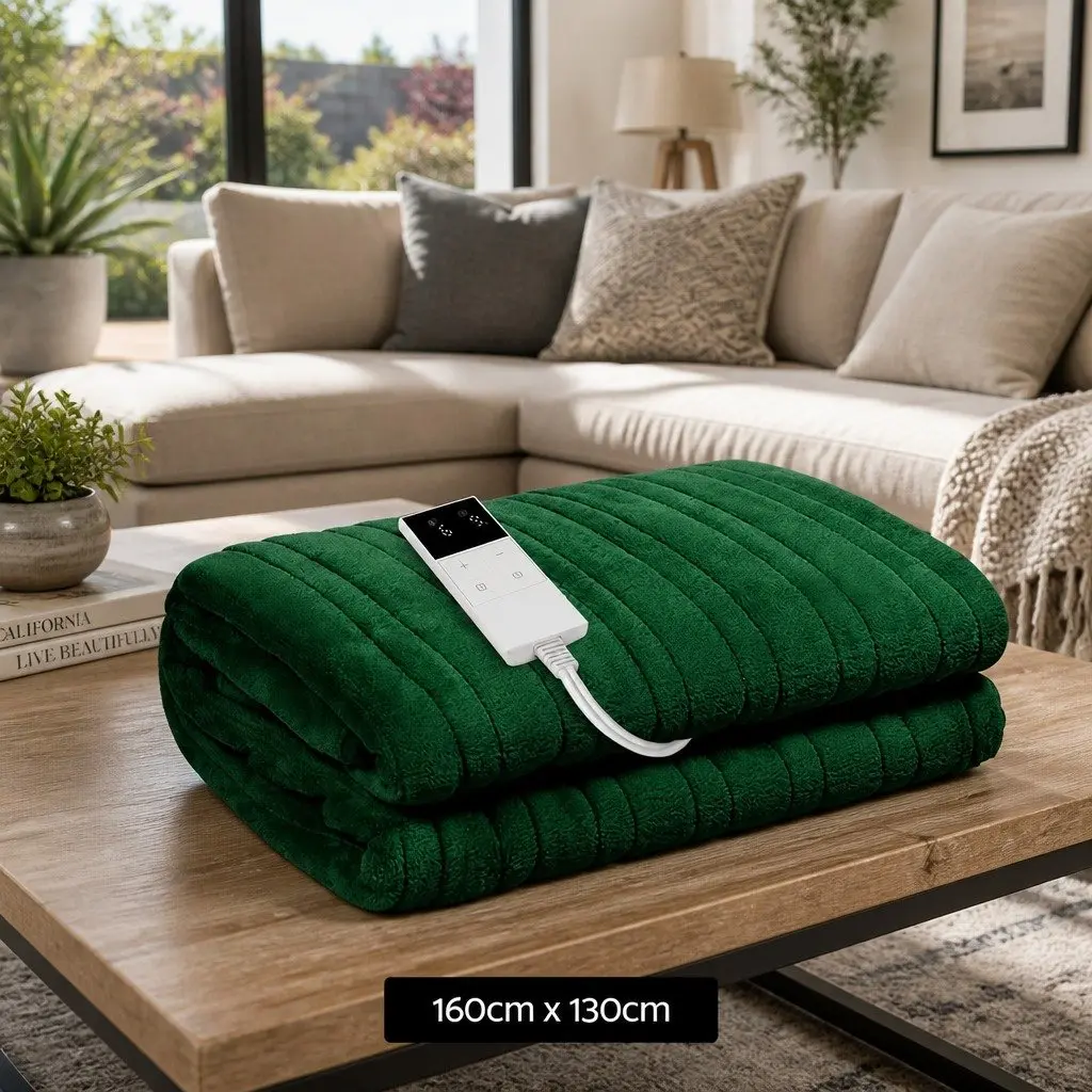 Electric Heated Throw Rug Washable Coral Fleece Blanket 160cm x 130cm Green