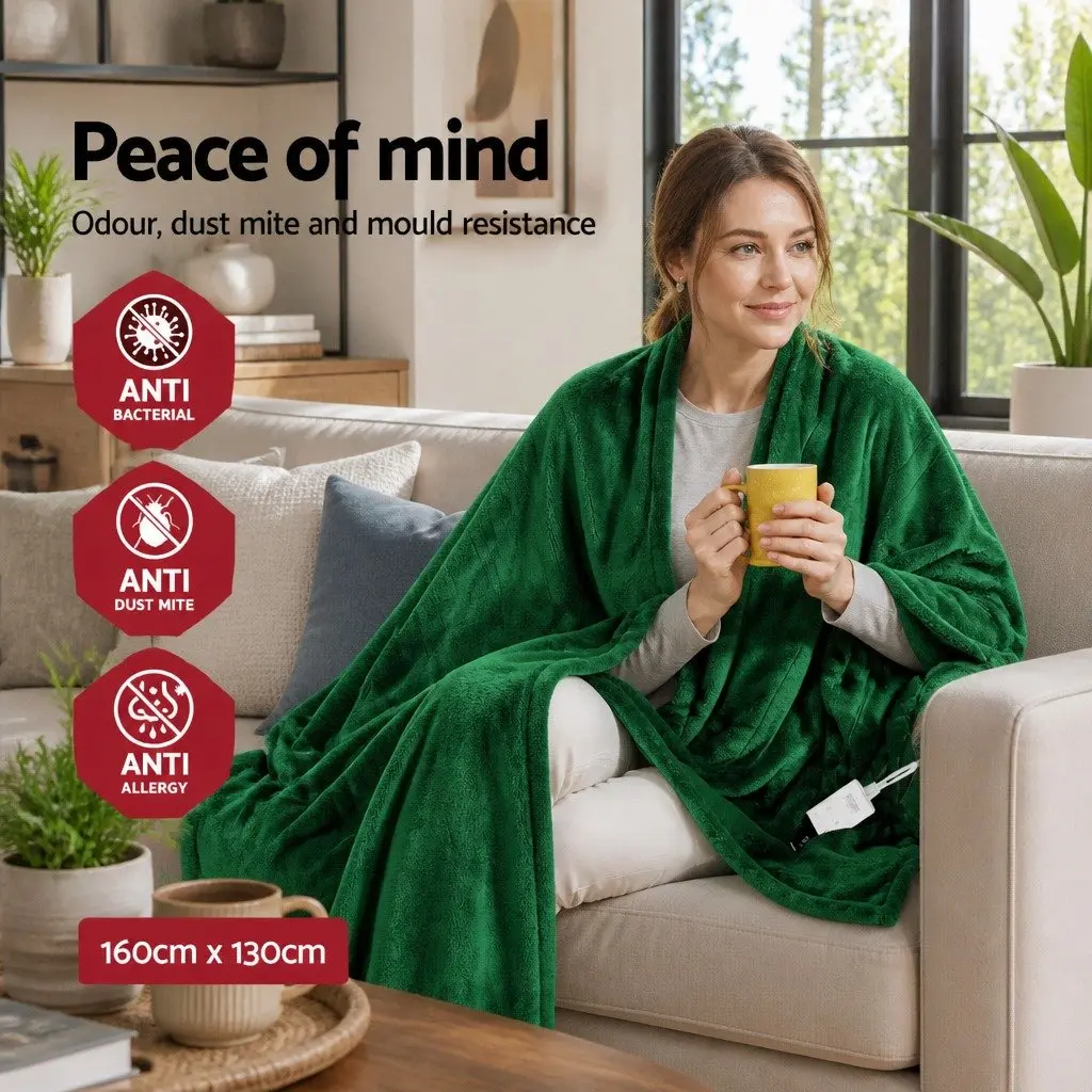 Electric Heated Throw Rug Washable Coral Fleece Blanket 160cm x 130cm Green
