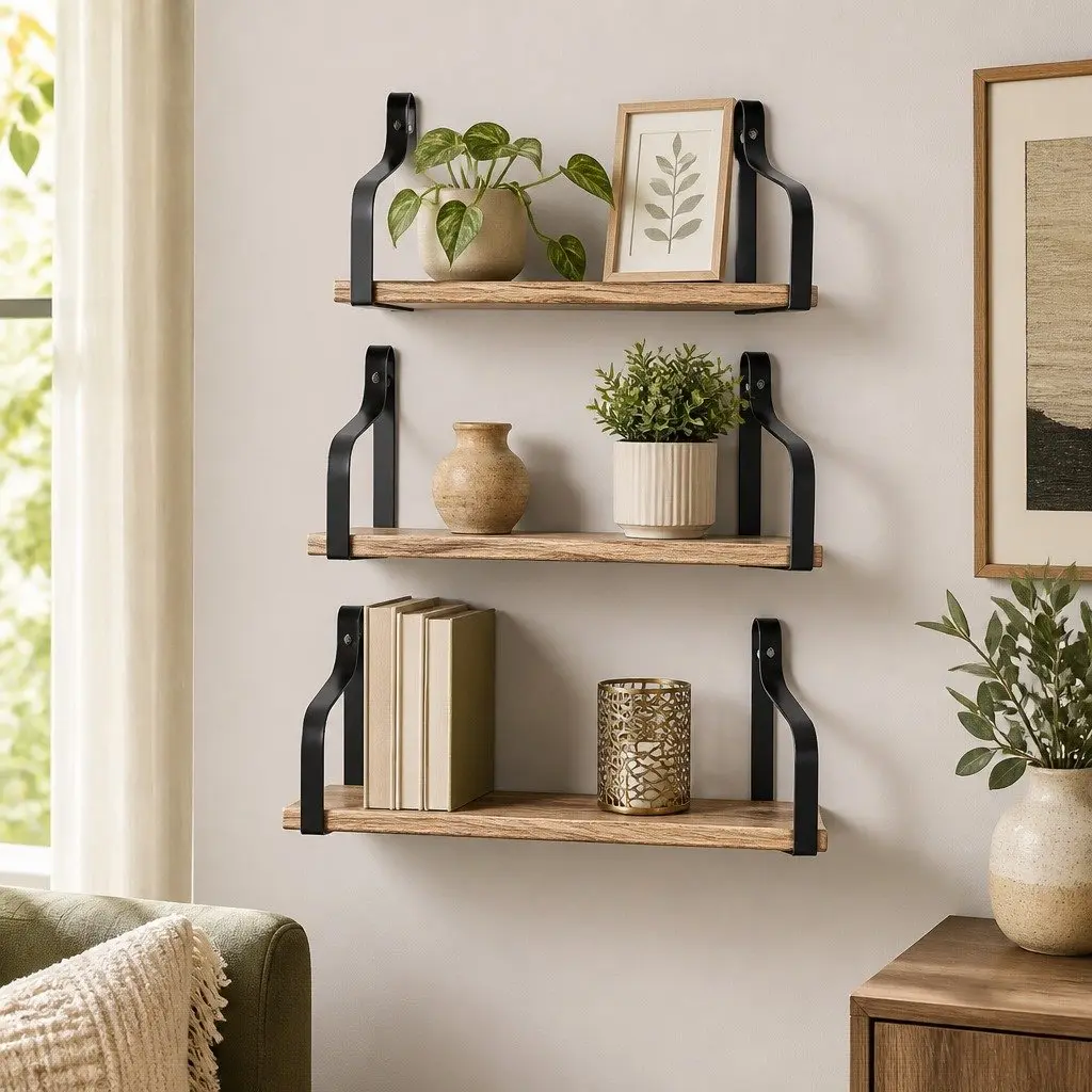 Floating Shelf Brackets Display Industrial Style Paulownia Wood Home Office