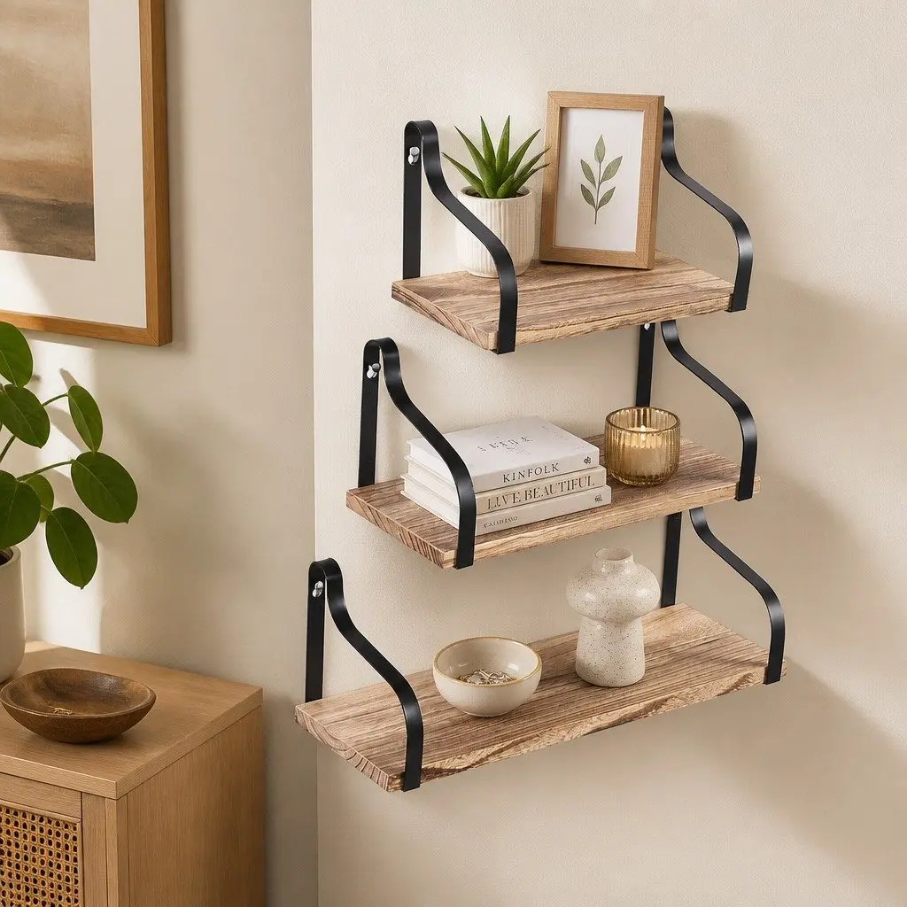 Floating Shelf Brackets Display Industrial Style Paulownia Wood Home Office