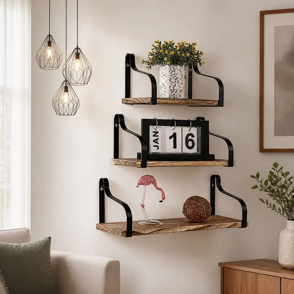 Floating Shelf Brackets Display Industrial Style Paulownia Wood Home Office