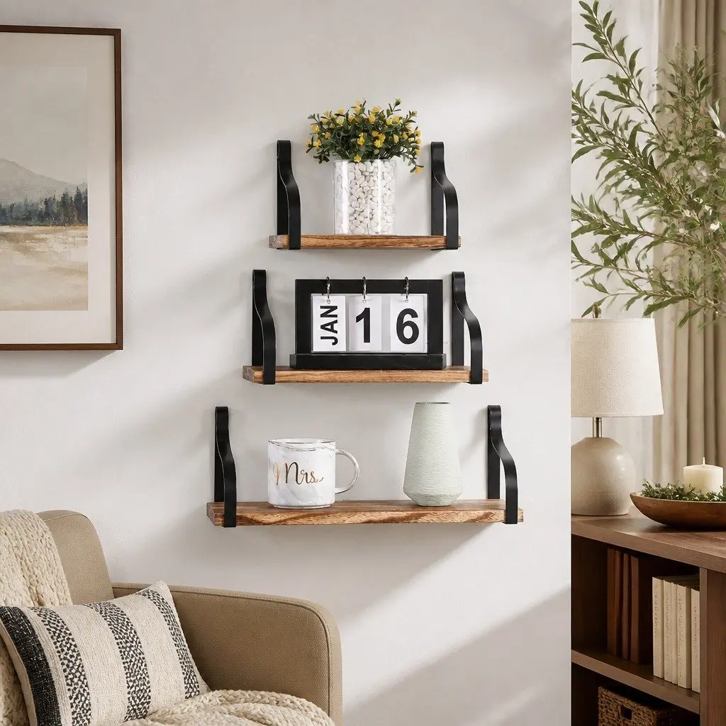 Floating Shelf Brackets Display Industrial Style Paulownia Wood Home Office
