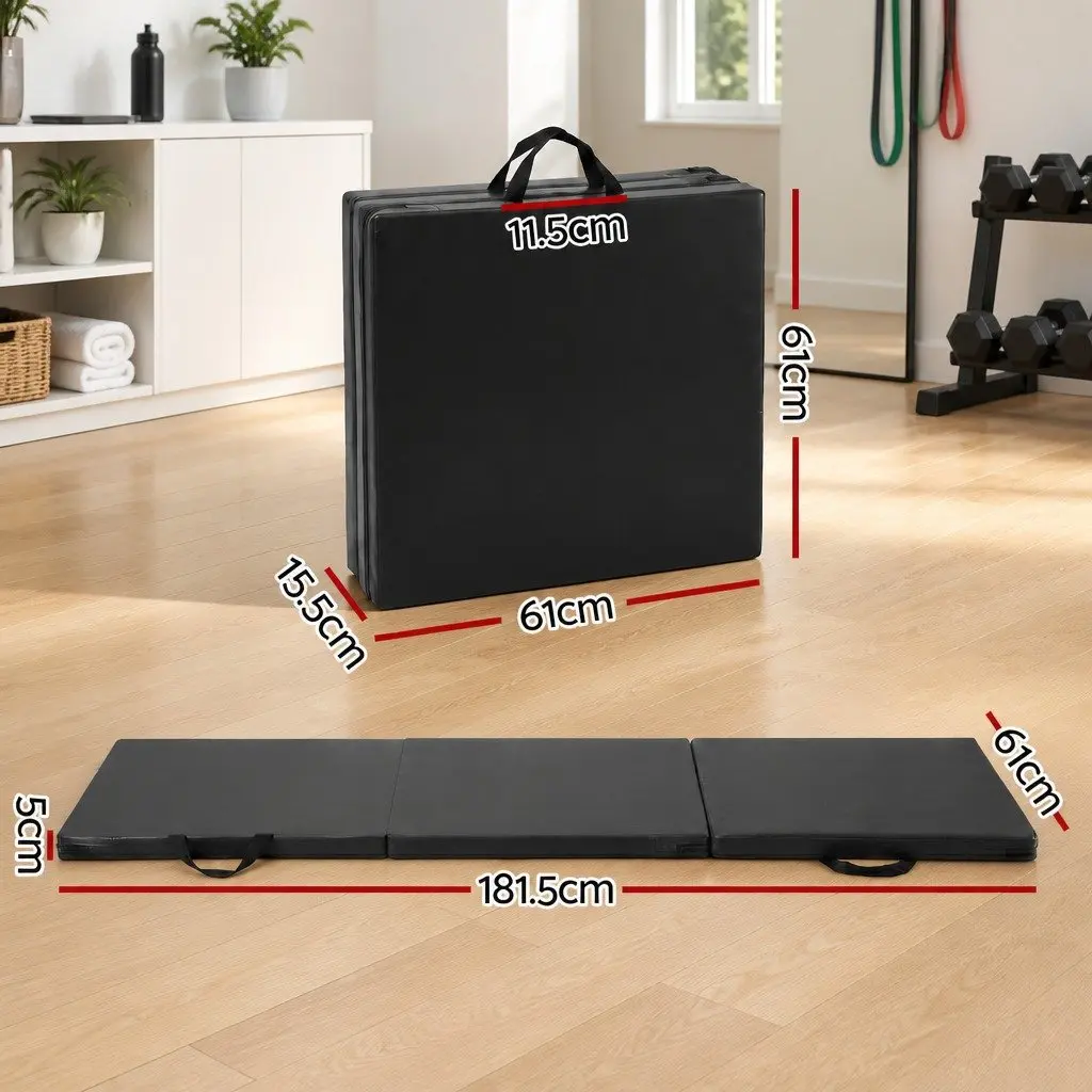 Gymnastics Mat Portable 3 Fold Exercise Floor Mat Black 181cm x 61cm x 5cm