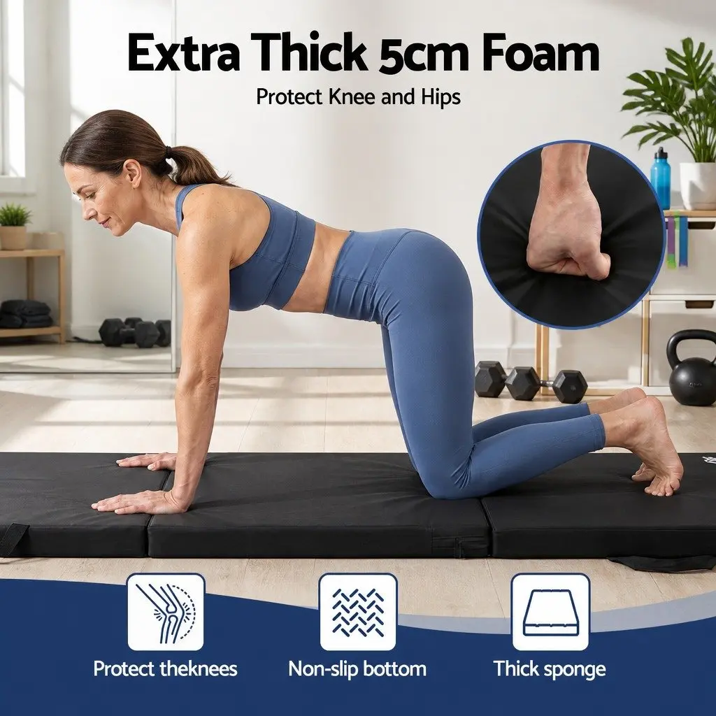 Gymnastics Mat Portable 3 Fold Exercise Floor Mat Black 181cm x 61cm x 5cm