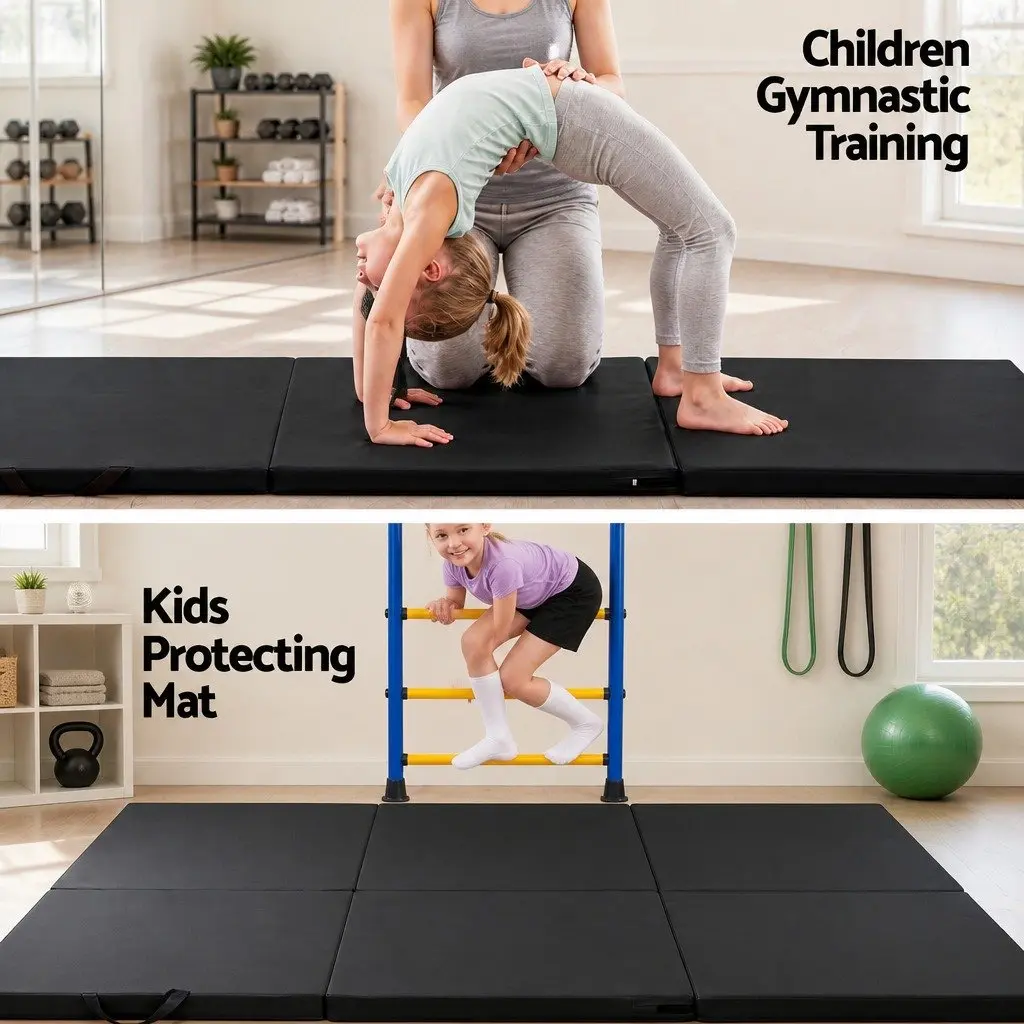 Gymnastics Mat Portable 3 Fold Exercise Floor Mat Black 181cm x 61cm x 5cm