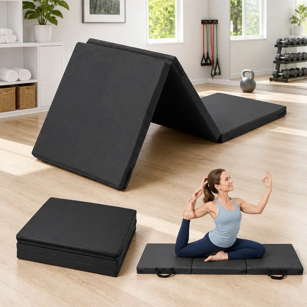 Gymnastics Mat Portable 3 Fold Exercise Floor Mat Black 181cm x 61cm x 5cm