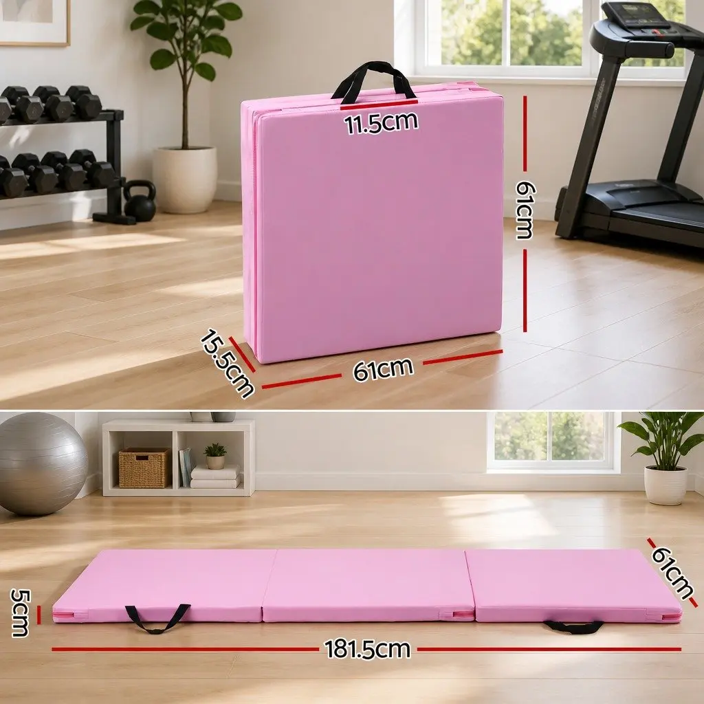 Gymnastics Mat 180x60cm Folding Exercise Floor Mat 3 Fold Tumbling Portable Pink