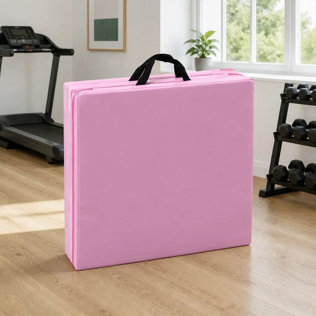 Gymnastics Mat 180x60cm Folding Exercise Floor Mat 3 Fold Tumbling Portable Pink