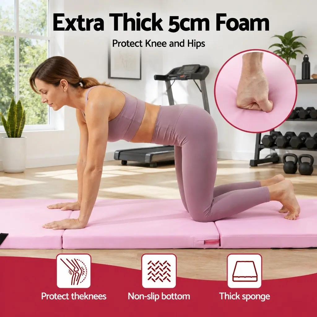 Gymnastics Mat 180x60cm Folding Exercise Floor Mat 3 Fold Tumbling Portable Pink