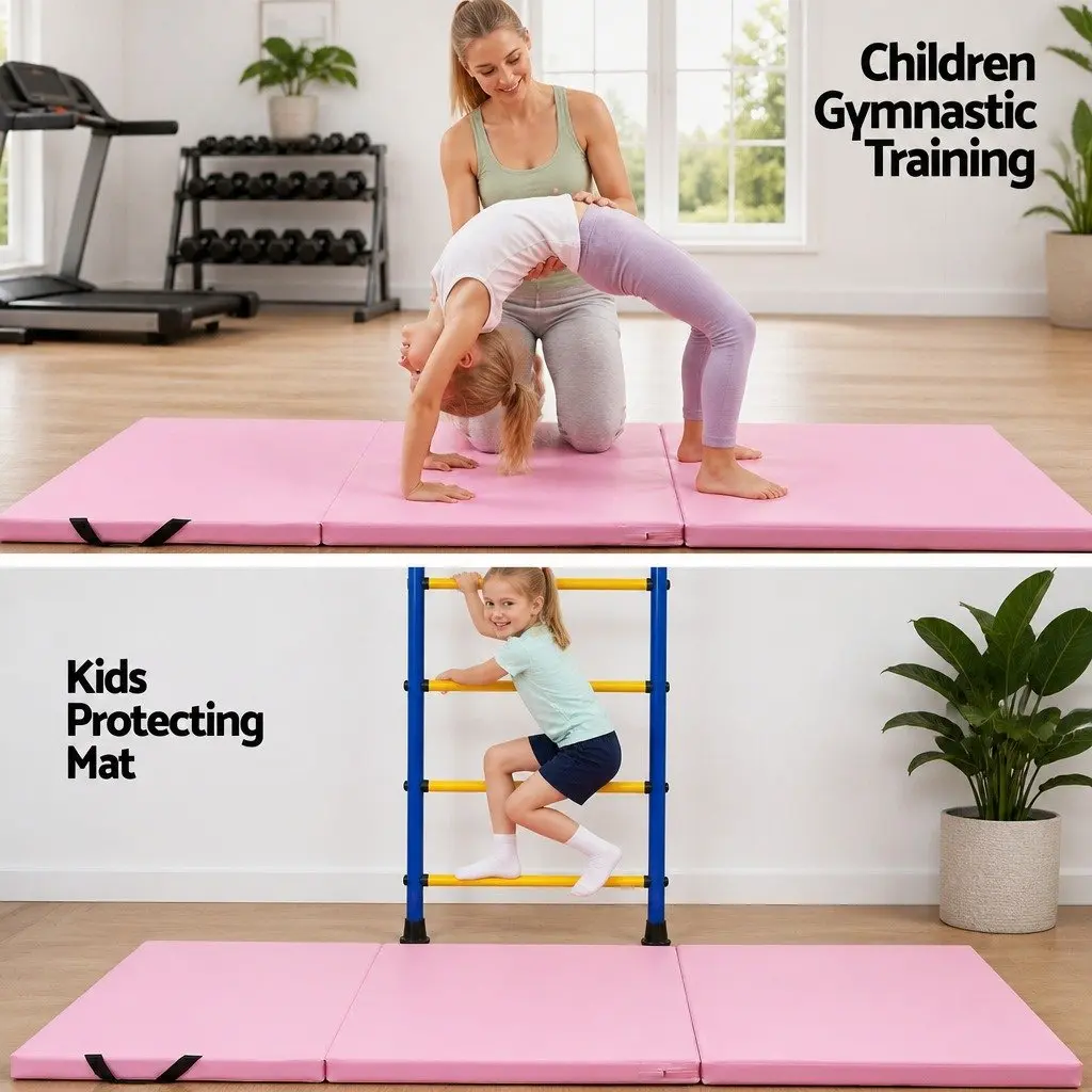 Gymnastics Mat 180x60cm Folding Exercise Floor Mat 3 Fold Tumbling Portable Pink