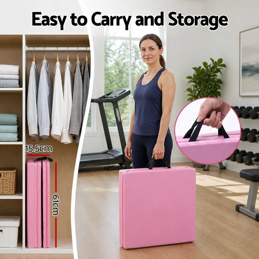 Gymnastics Mat 180x60cm Folding Exercise Floor Mat 3 Fold Tumbling Portable Pink
