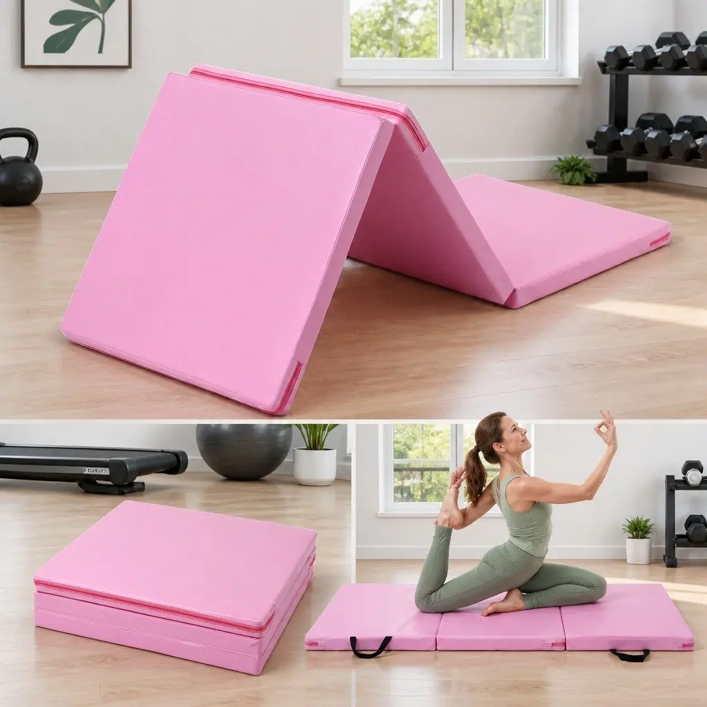 Gymnastics Mat 180x60cm Folding Exercise Floor Mat 3 Fold Tumbling Portable Pink