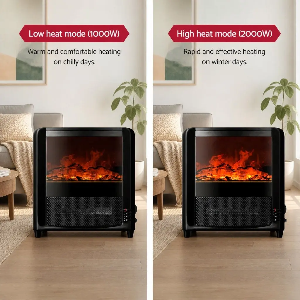Electric Fireplace Heater Freestanding 2000W Indoor Flame Effect Black