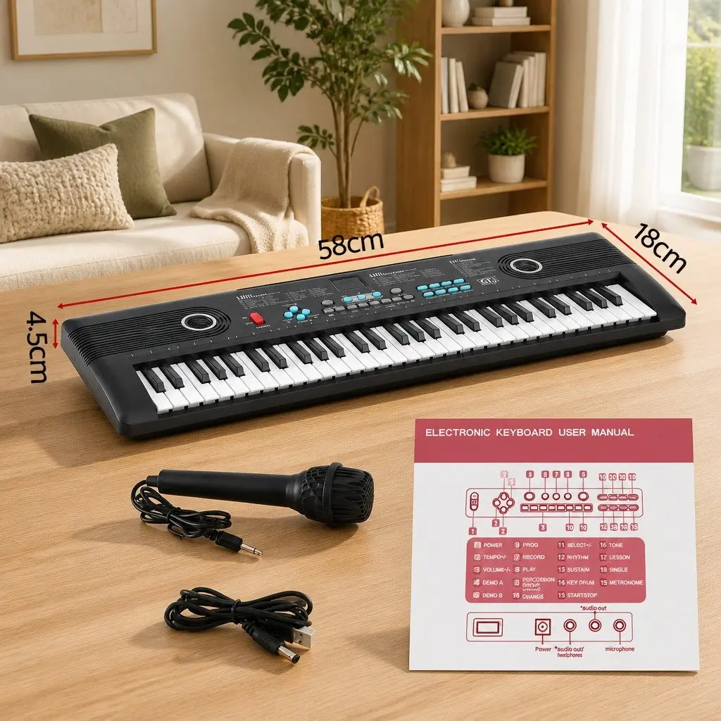 61-Key Digital Piano Keyboard Portable Electric with Microphone 13mm Wide Keys