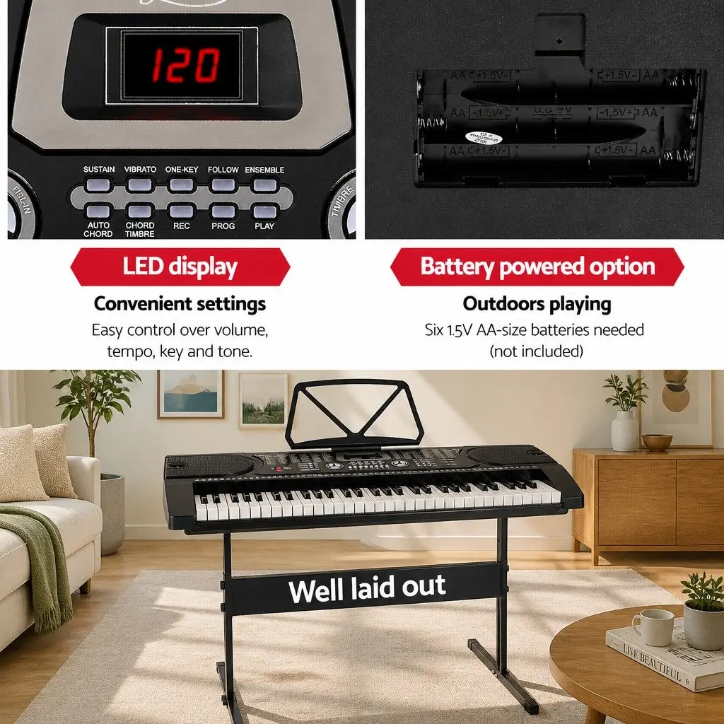 61 Keys Electronic Piano Keyboard LED Display Adjustable Stand Black