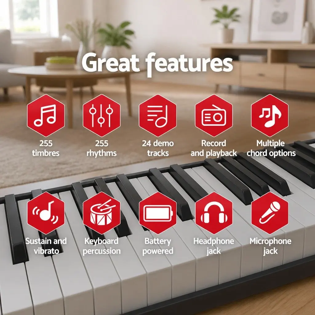 61-Key Electronic Piano Keyboard Digital Music Instrument with Adjustable Stand Silver