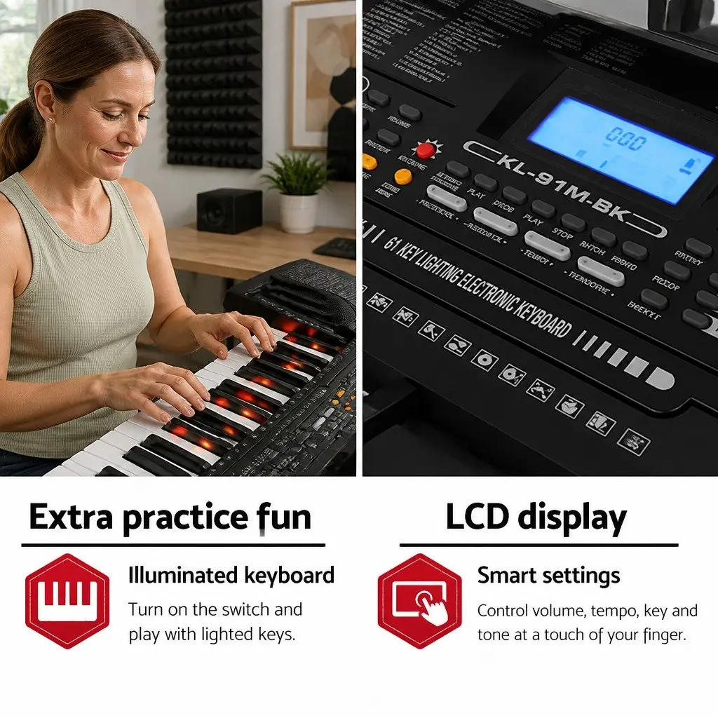 61-Key Electronic Keyboard Piano Lighted Keys LCD Display