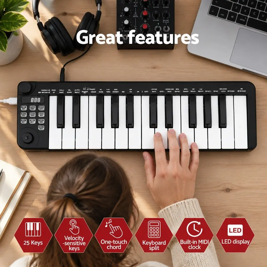 MIDI Keyboard Controller Portable 25-Key Black