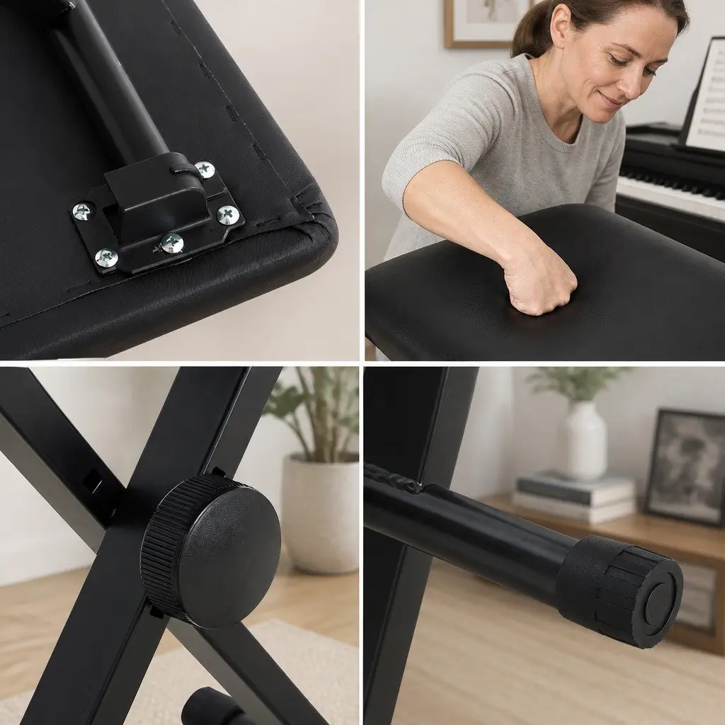 Adjustable Height Piano Stool Portable Black Fabric Seat For Musicians