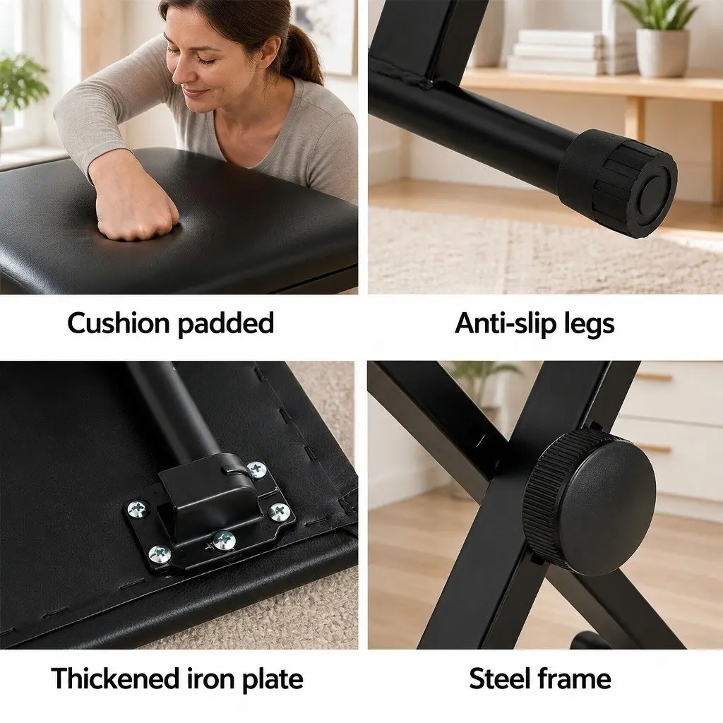 Adjustable Height Piano Stool Portable Black Fabric Seat For Musicians