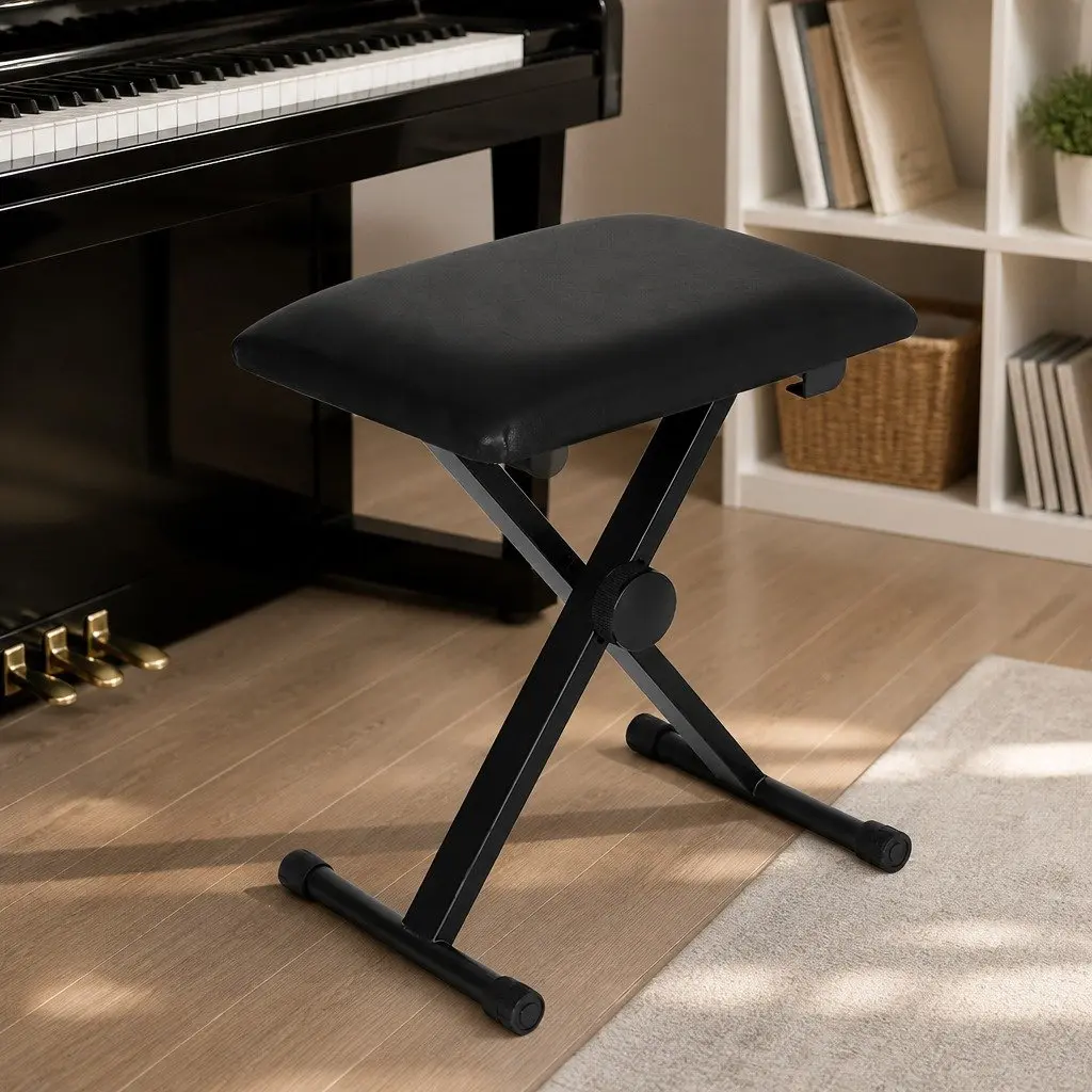 Adjustable Height Piano Stool Portable Black Fabric Seat For Musicians