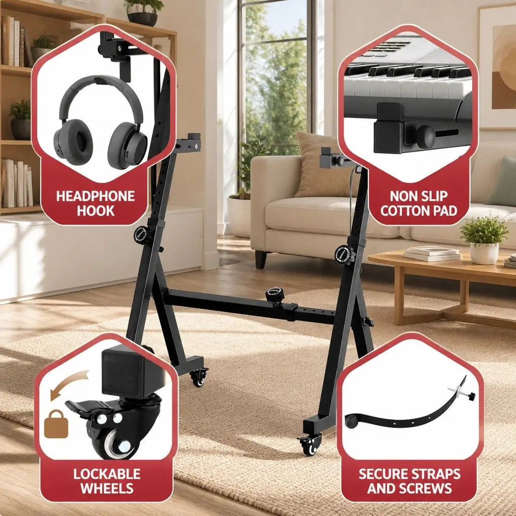Adjustable Heavy Duty Piano Stand Z-Frame Black with Lockable Wheels