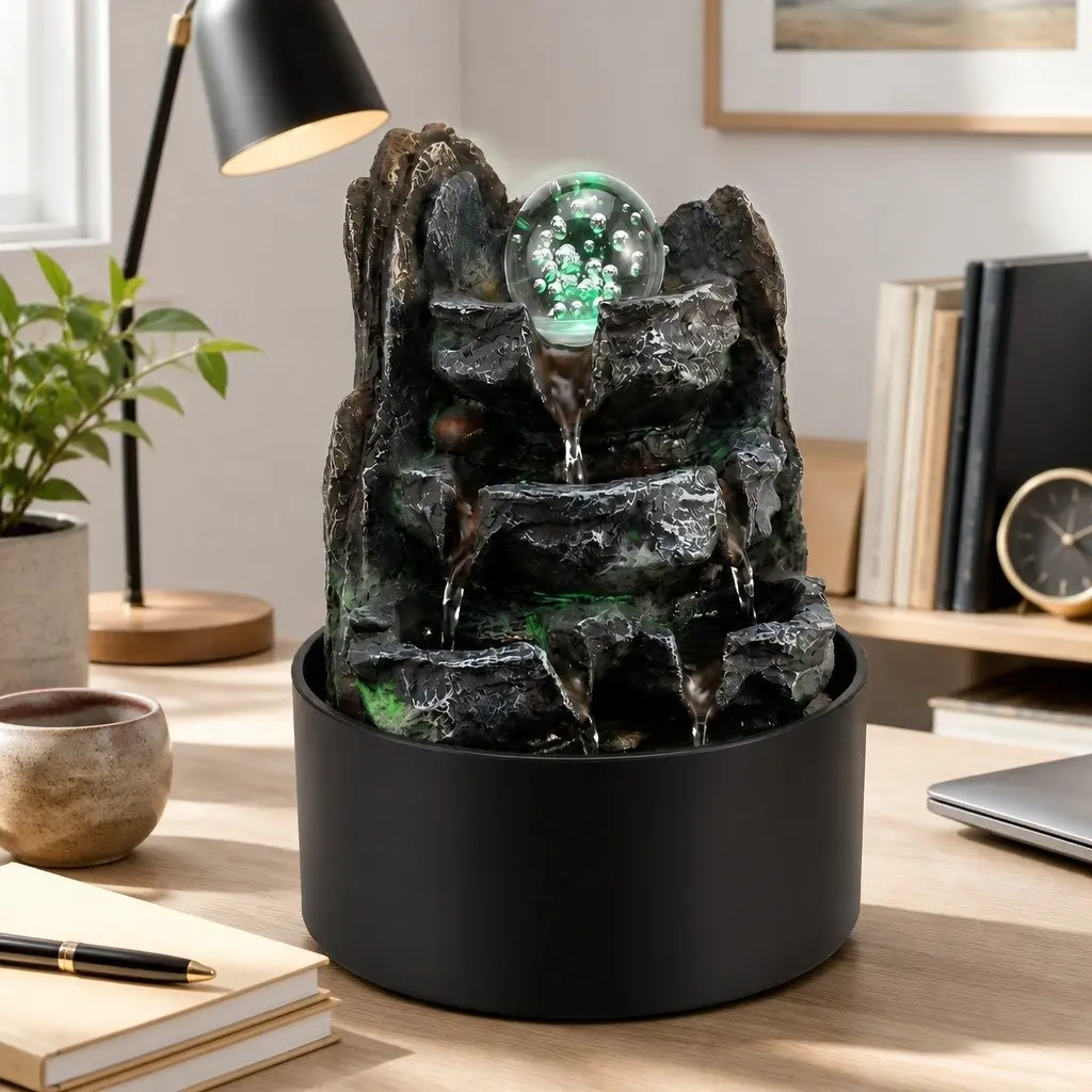 Tabletop Water Fountain Resin LED Light 19cm x 19cm x 24cm 3 Flow Levels Waterfall Desktop Office
