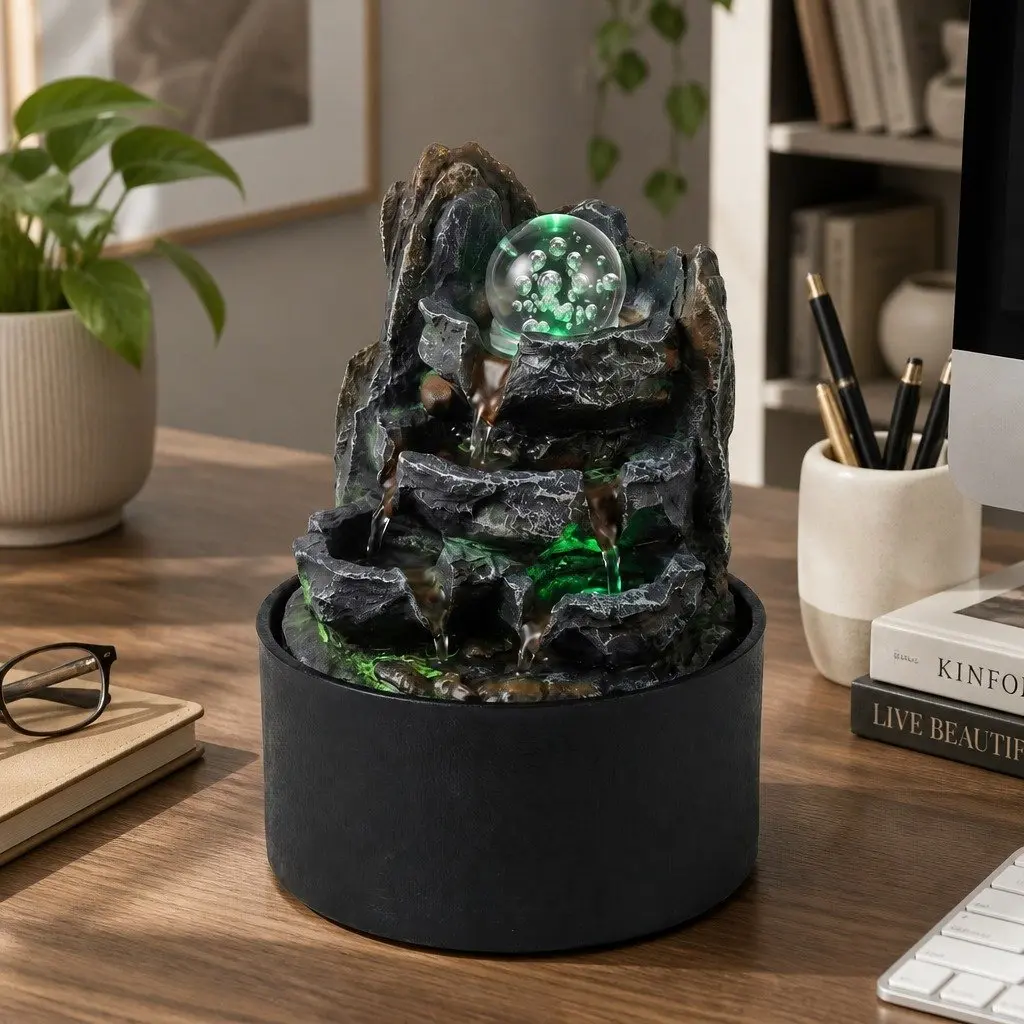 Tabletop Water Fountain Resin LED Light 19cm x 19cm x 24cm 3 Flow Levels Waterfall Desktop Office