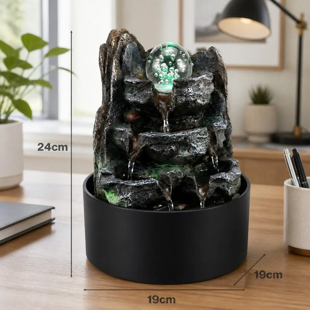 Tabletop Water Fountain Resin LED Light 19cm x 19cm x 24cm 3 Flow Levels Waterfall Desktop Office