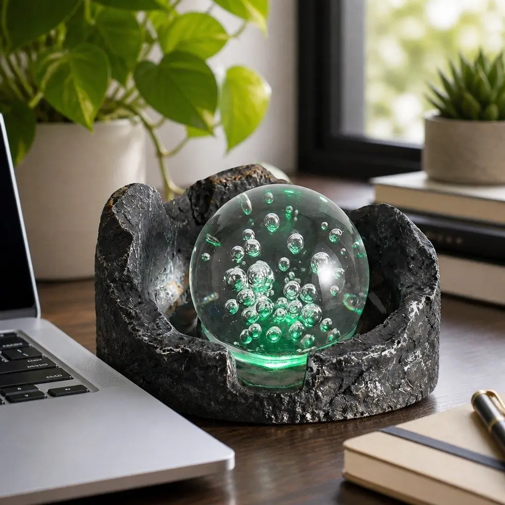 Tabletop Water Fountain Resin LED Light 19cm x 19cm x 24cm 3 Flow Levels Waterfall Desktop Office