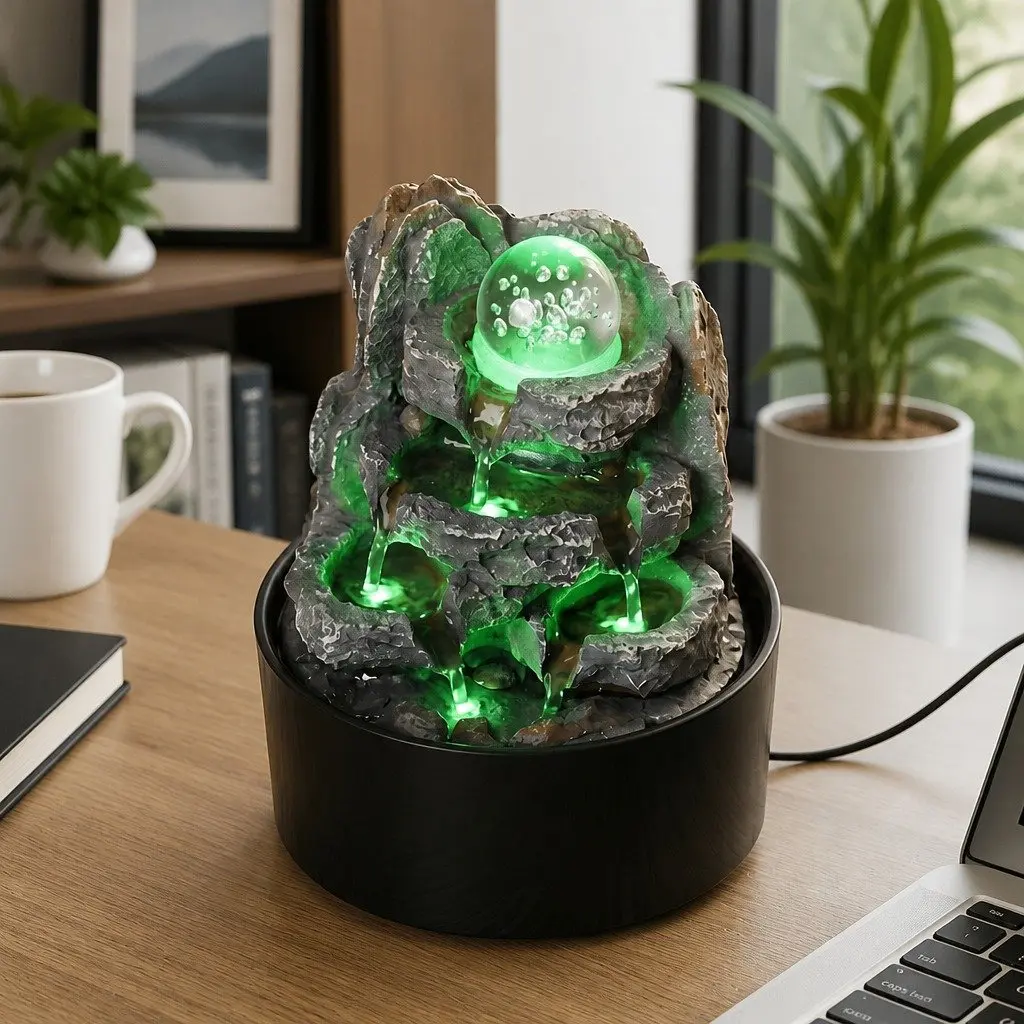 Tabletop Water Fountain Resin LED Light 19cm x 19cm x 24cm 3 Flow Levels Waterfall Desktop Office